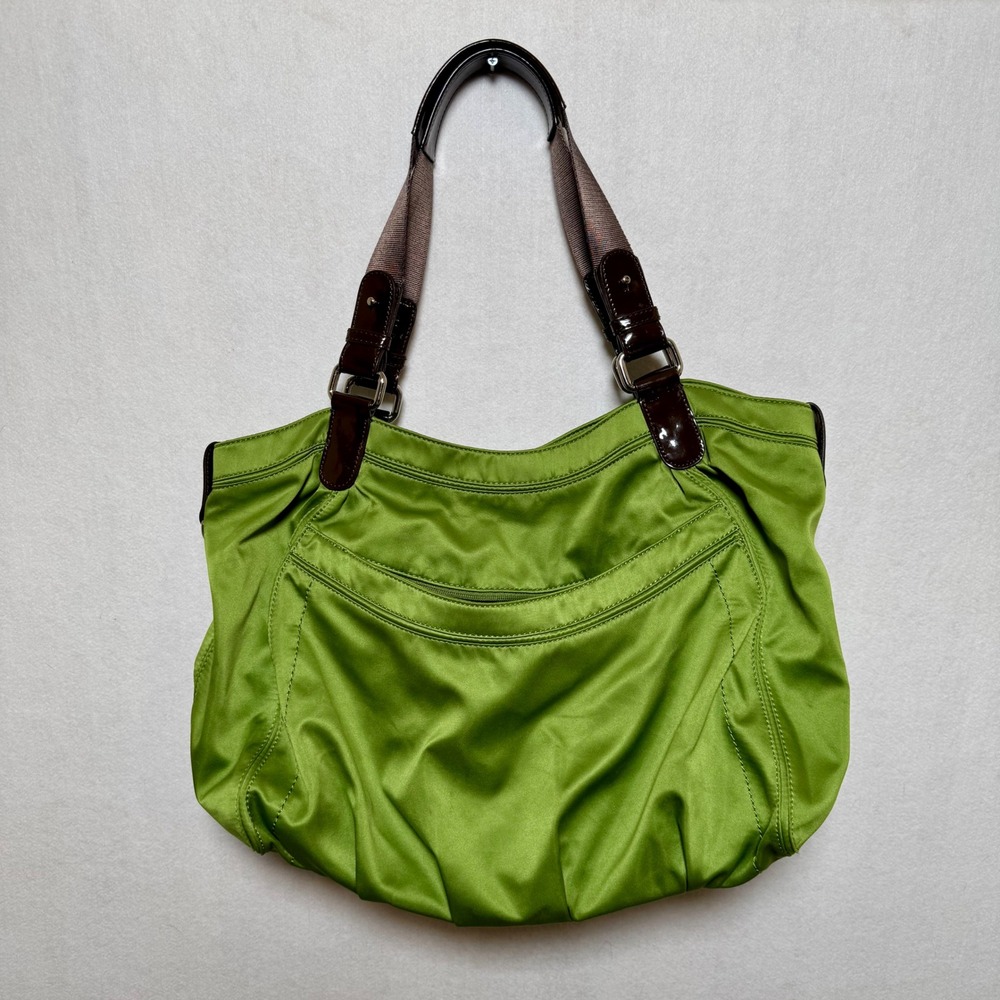 Liz Claiborne Lime Green Nylon Shoulder Bag Brown Patent Leather Trim Hobo Tote